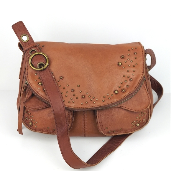 Lucky Brand Handbags - Lucky Brand Stash Large Stud Embellished Leather Saddle Tan Flap Shoulder Bag